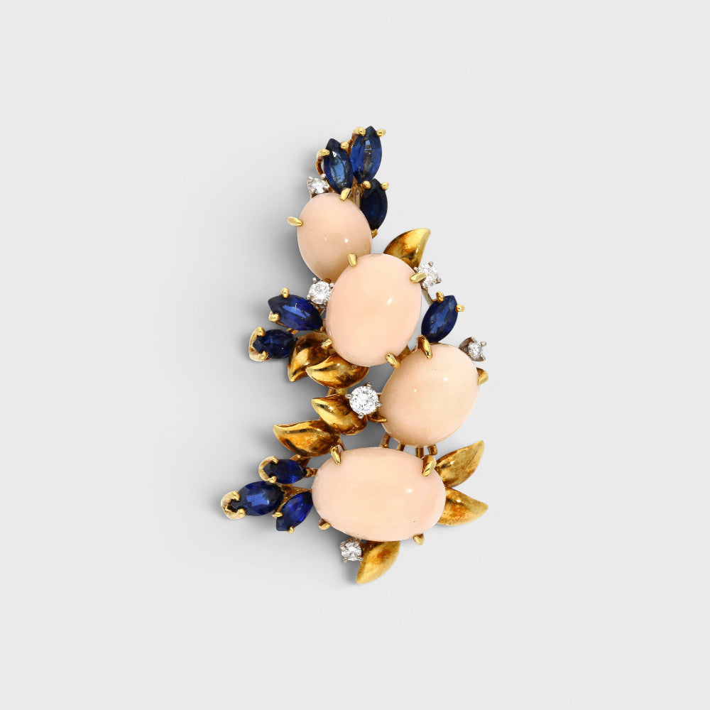 Korallen-Saphir-Diamant Brosche*